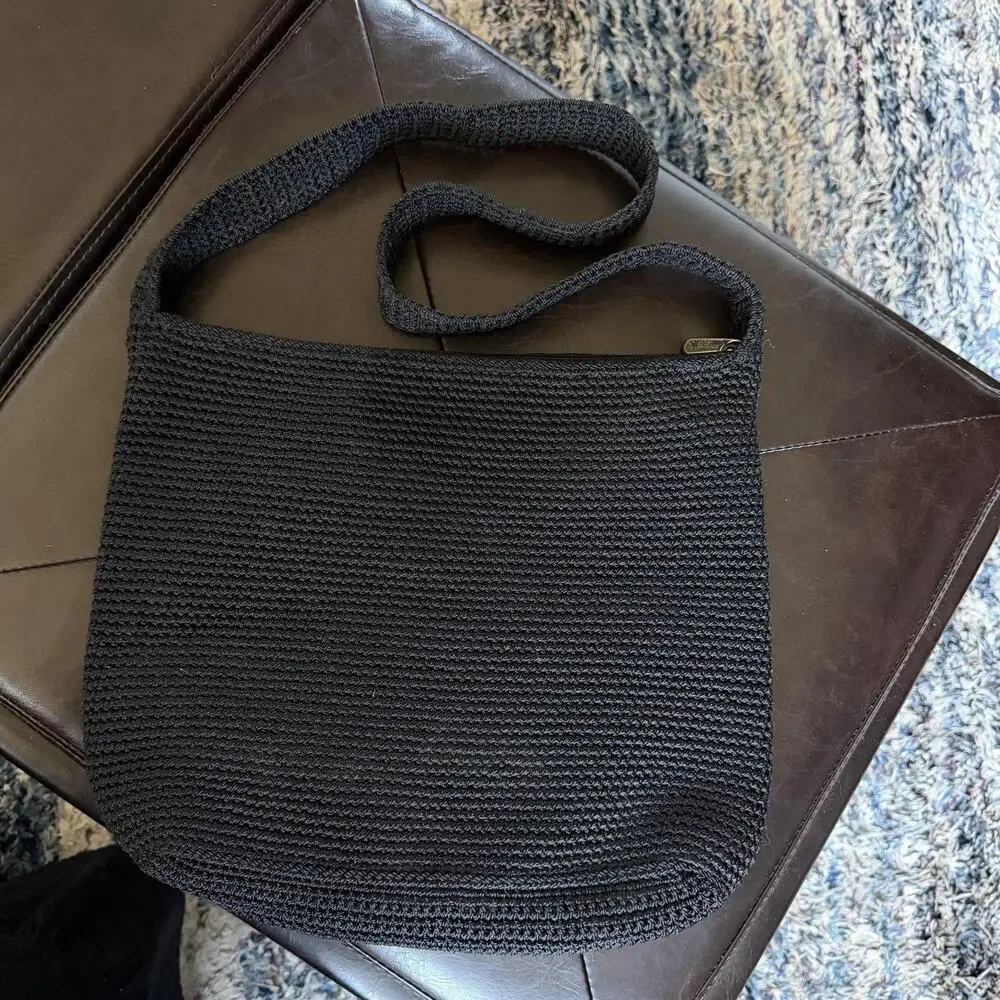 The Sak Hobo Bag Womens Medium Black Knit Shoulder Purse Zip Pocket Lined